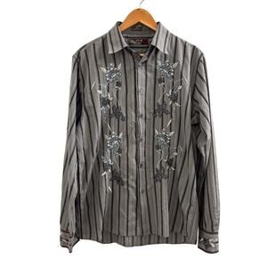 Coastal Embroidered Floral Stripe Shirt Mens M Gray Button Down Long Sleeve
